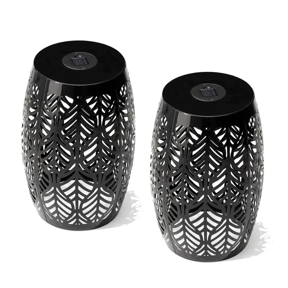 

Set of 2 Outdoor Side Table with Leaf Pattern Solar Powered Light, 18.25" H Iron Cutout Drum Garden Stool Solar, Customized