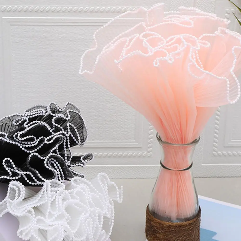 Lace Mesh Bouquet Bag Valentines Day Flower Bouquet Diy Packaging Decoration Paper with Faux Pearl Decor See-through for Flower