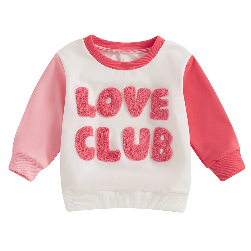 Girl Valentine s Day Sweatshirt Letter Embroidered Contrast Color Long Sleeve Round Neck Casual Tops