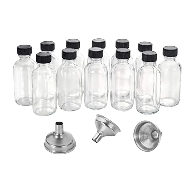 12Pc 2 Oz Small Clear Glass Bottles with Lids & 3 Funnels - 60Ml Bottles for Juice Ginger Shots, Whiskey,