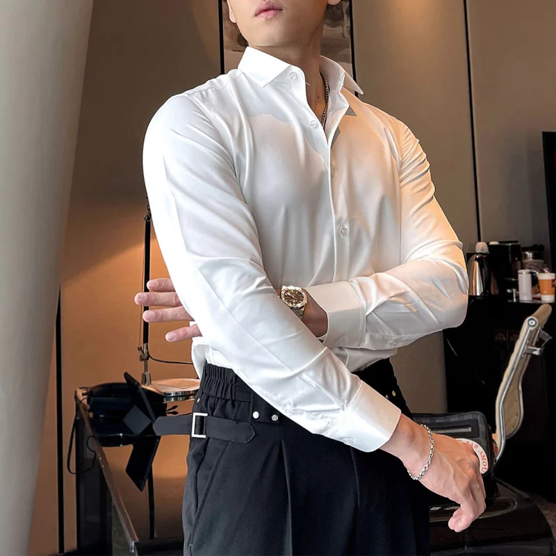 2023 New Spring and Autumn Business Casual Polo Neck Elastic Long Sleeves Inner Wear with No Iron Fit British Formal Shirt Trend