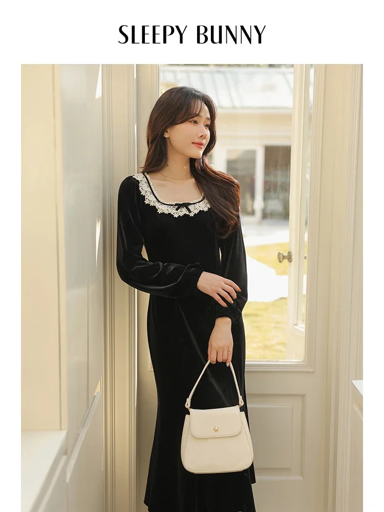 

French Style Velvet Long Dress for Women Spring Elegant Black Square Neck Dress Lace Detailing Fishtail Waist-Defining Dress