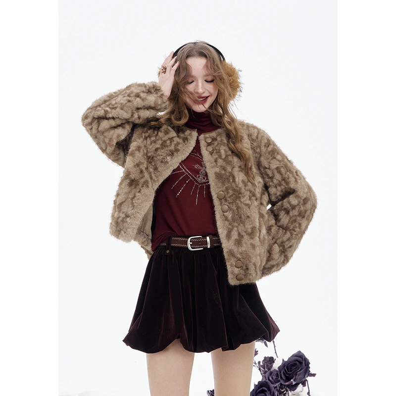 ELFSACK 2025 Zimowe Nowości Y2K Luźny, Wzorzysty, Zapinany na Guziki, Pluszowy, Ciepły Płaszcz Damski