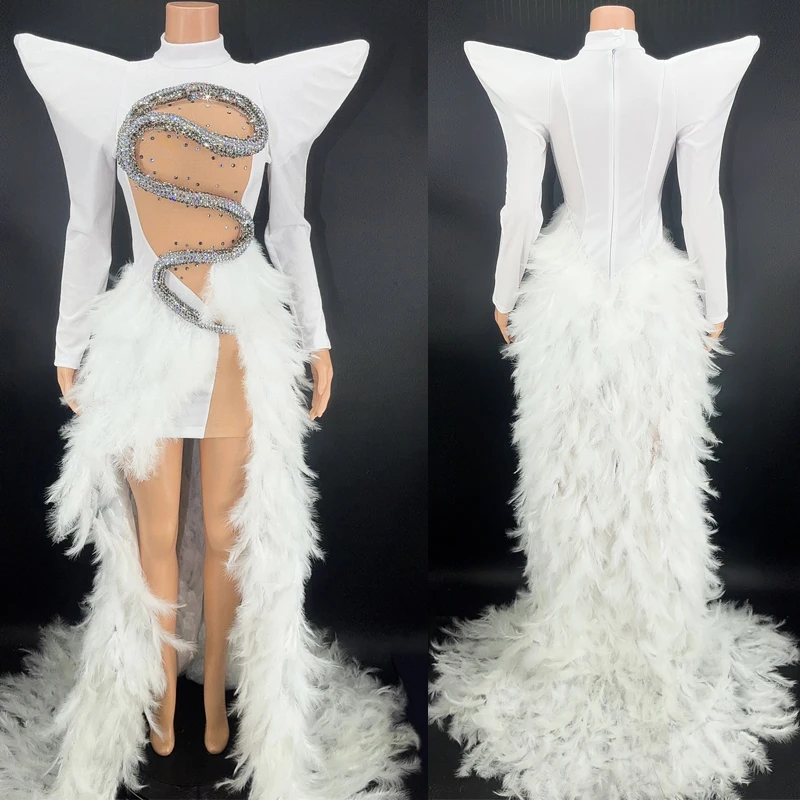 

Sexy Exaggerated Fly Shoulder Sequin Dress Gauze White Feather Train Evening Dresses Women Birthday Celebrate Costume XS5283