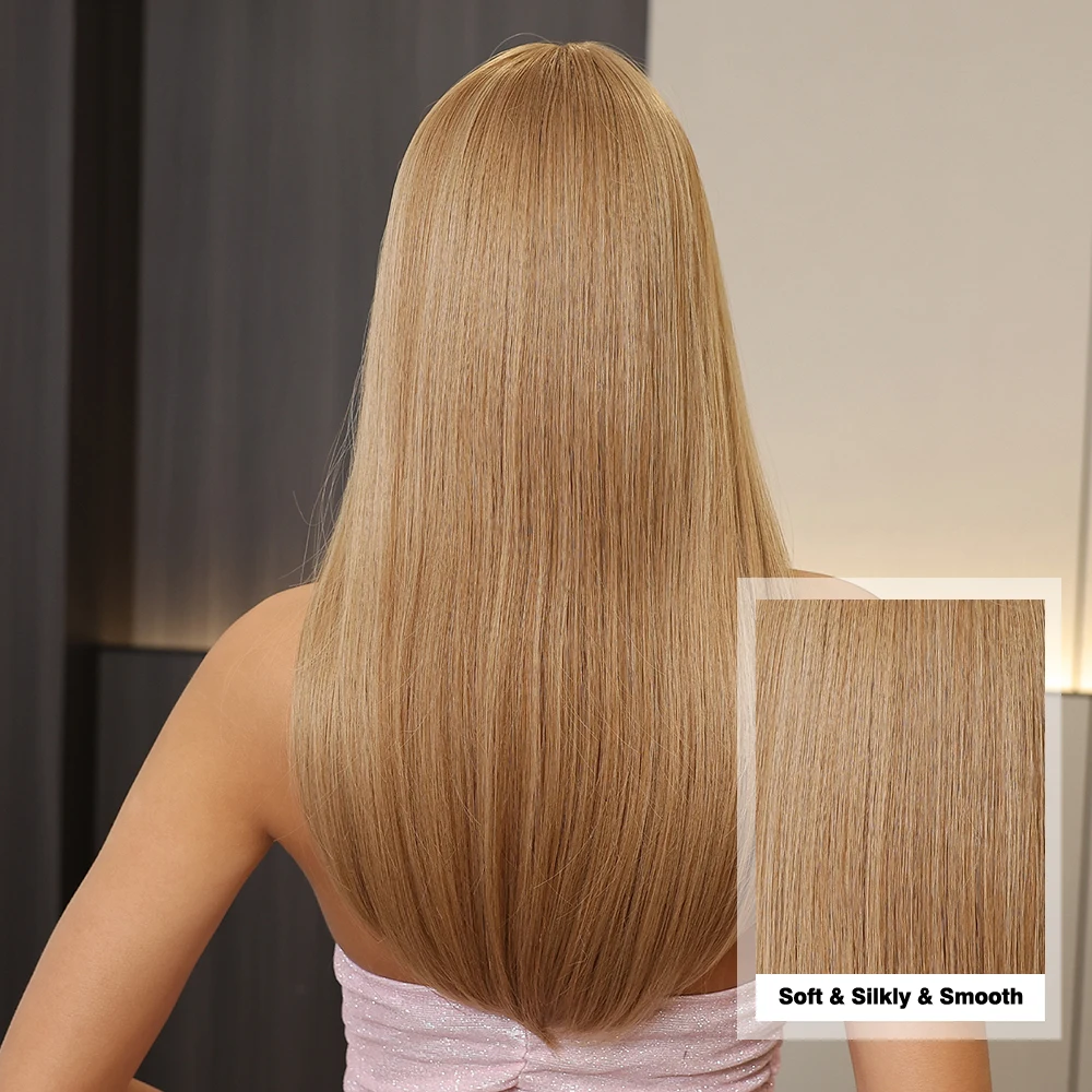 شعر مستعار ذهبي طويل مستقيم مع الانفجارات غير حادة للنساء ، شعر لوليتا تأثيري ، ألياف درجة حرارة عالية ، بني فاتح ، حفلة #3