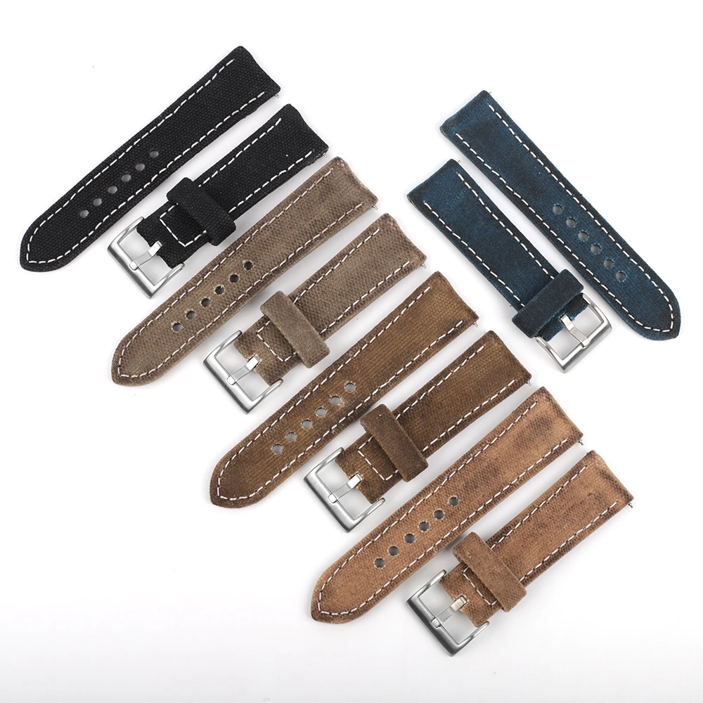 Retro Genuine Leather Strap Handmade Wet Wax Canvas Watchband Stainless Steel Buckle High Quality Business Watch Band 20mm 24mm