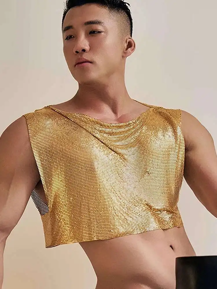 Men's Metal Sequin Crop Top Sexy Fitness Sleeveless Aluminum Nightclub Bar GOGO Performance Costume Dance Accompaniment