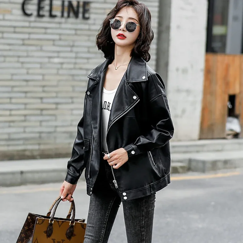 Damen-Jacke mit langen Ärmeln, dickes PU-Leder, schwarze Farbe, lockere Passform, schlankmachendes Oberteil, vielseitig einsetzbar für den Winter, lässig, modisch, elegant