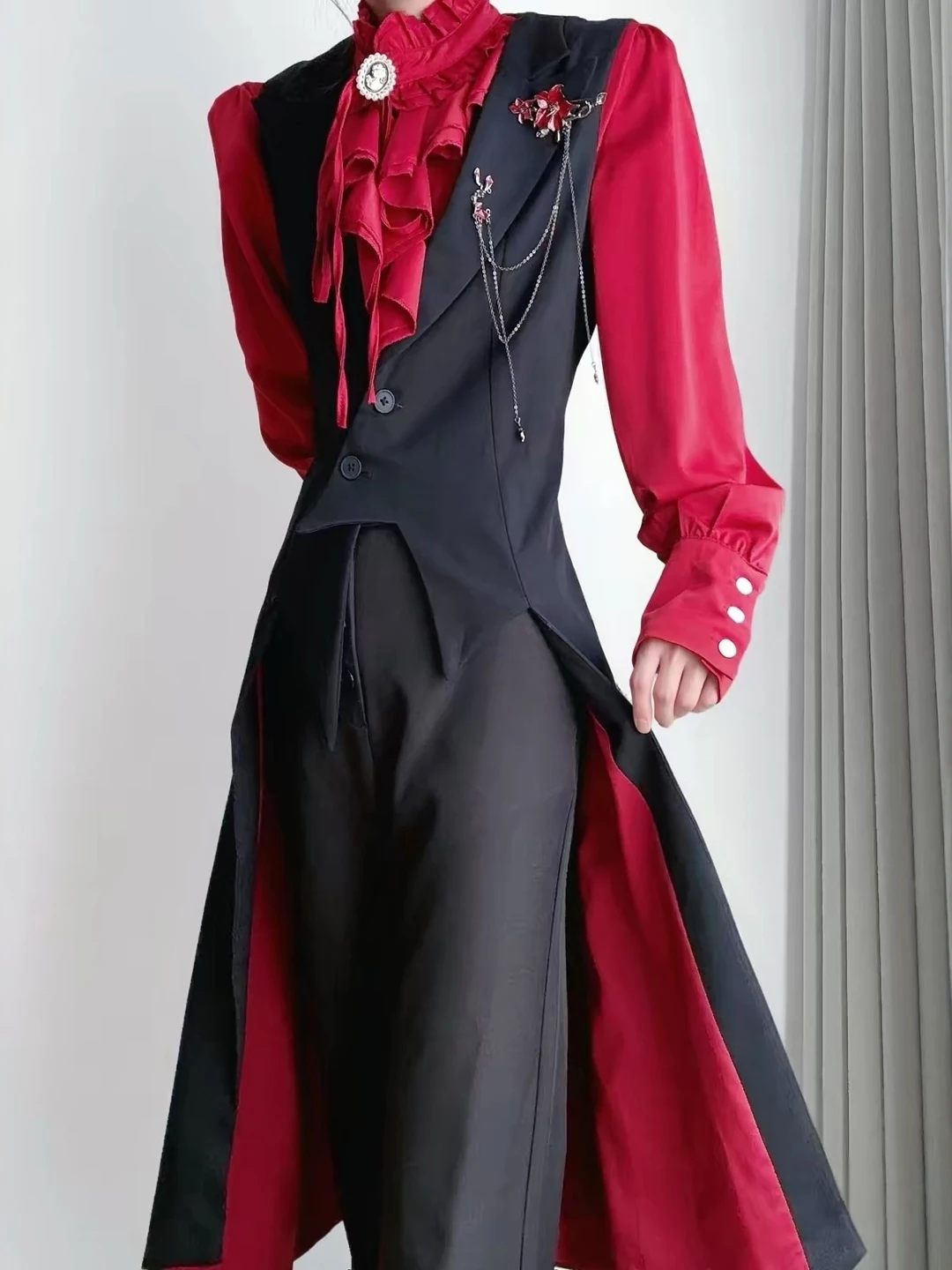 Classic Tailored Vest Court Style Tailor Red Background Men's Women's Fashionable Versatile Waist-Cinching Midi Length Black ...
