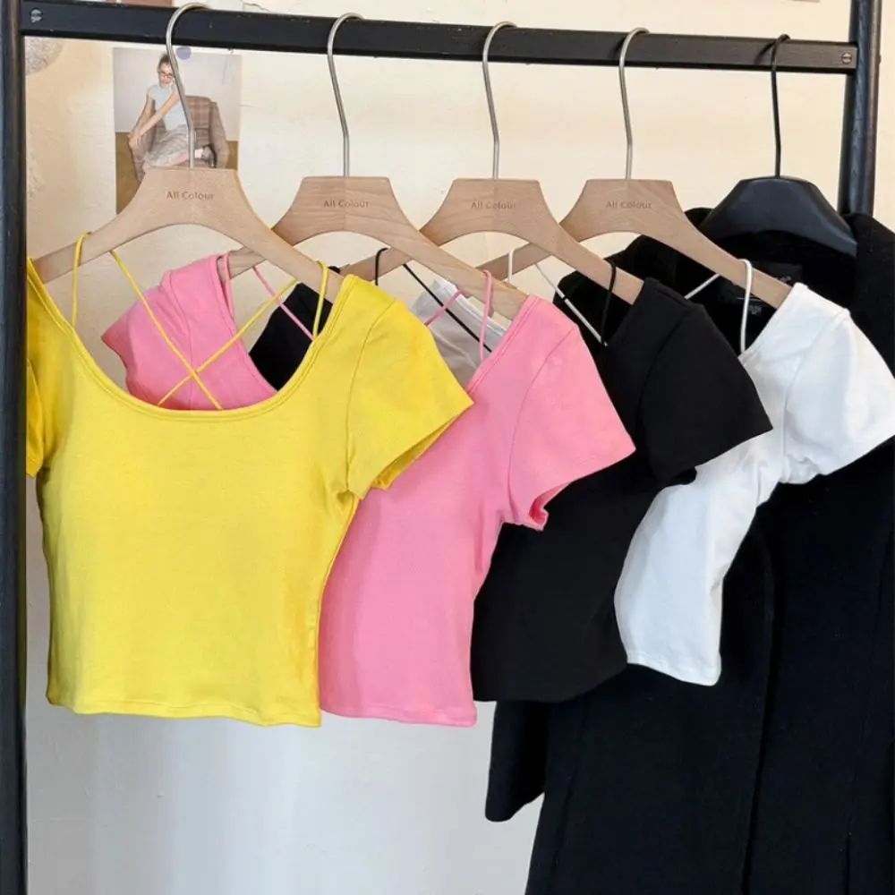 Backness Bowknot Lace-up Top Y2K Hollow-out Slim Short Crop Top Spicy Girl Style Bottoming Shirt Short Sleeve T-shirts
