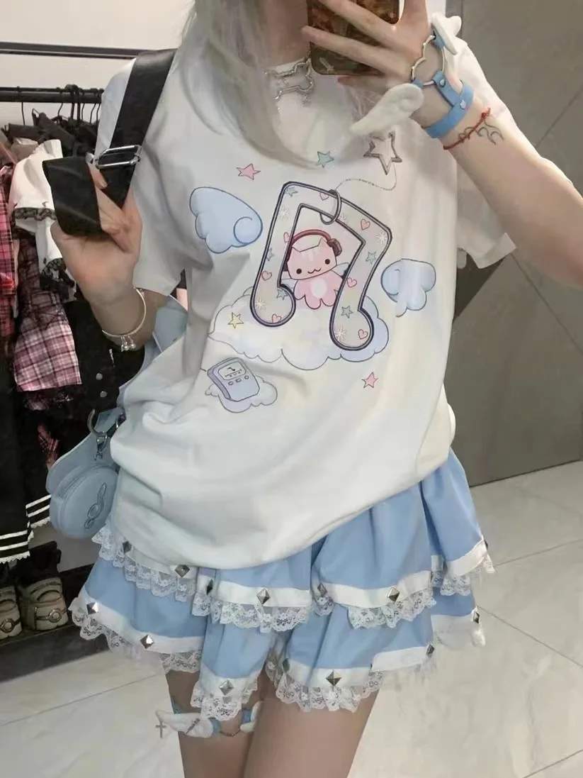 

Летние милые футболки Kawaii, женские японские модные уличные футболки в стиле Харадзюку, свободные футболки с мультяшным принтом, мягкие футболки для девочек 2024, Y2k w1206
