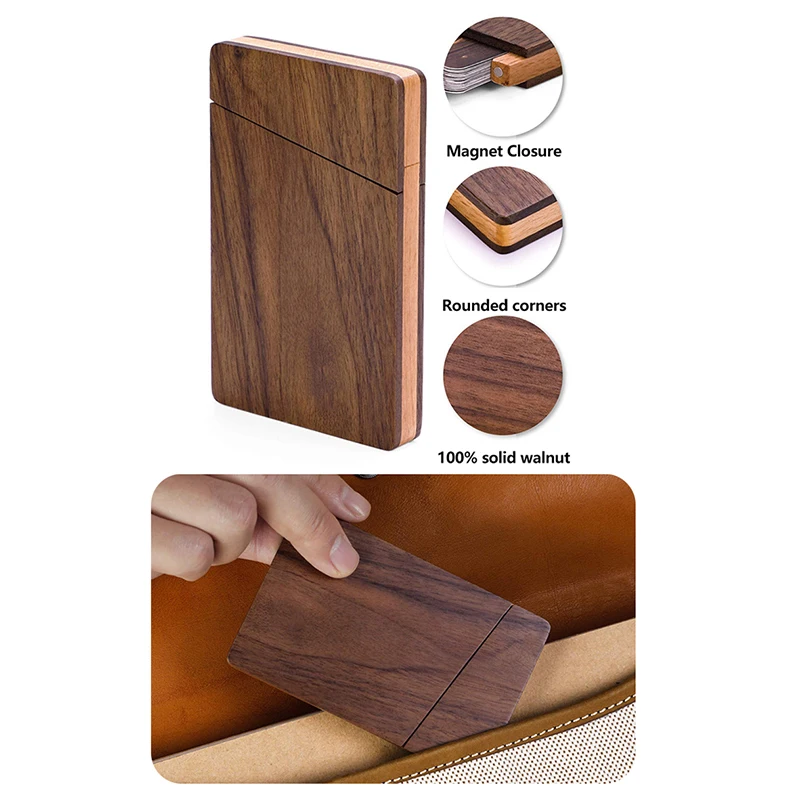 Estuche de madera para tarjetas de visita, organizador portátil de bolsillo de madera maciza, informal, para hombre y mujer