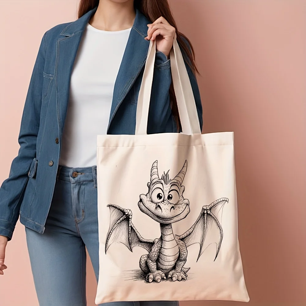 1pc of a Dragon-Themed Canvas Tote Bag, Measuring 13.8 by 40.13 cm. It'S a Fashionable Shoulder Bag Suitable for Everyday Shoppi