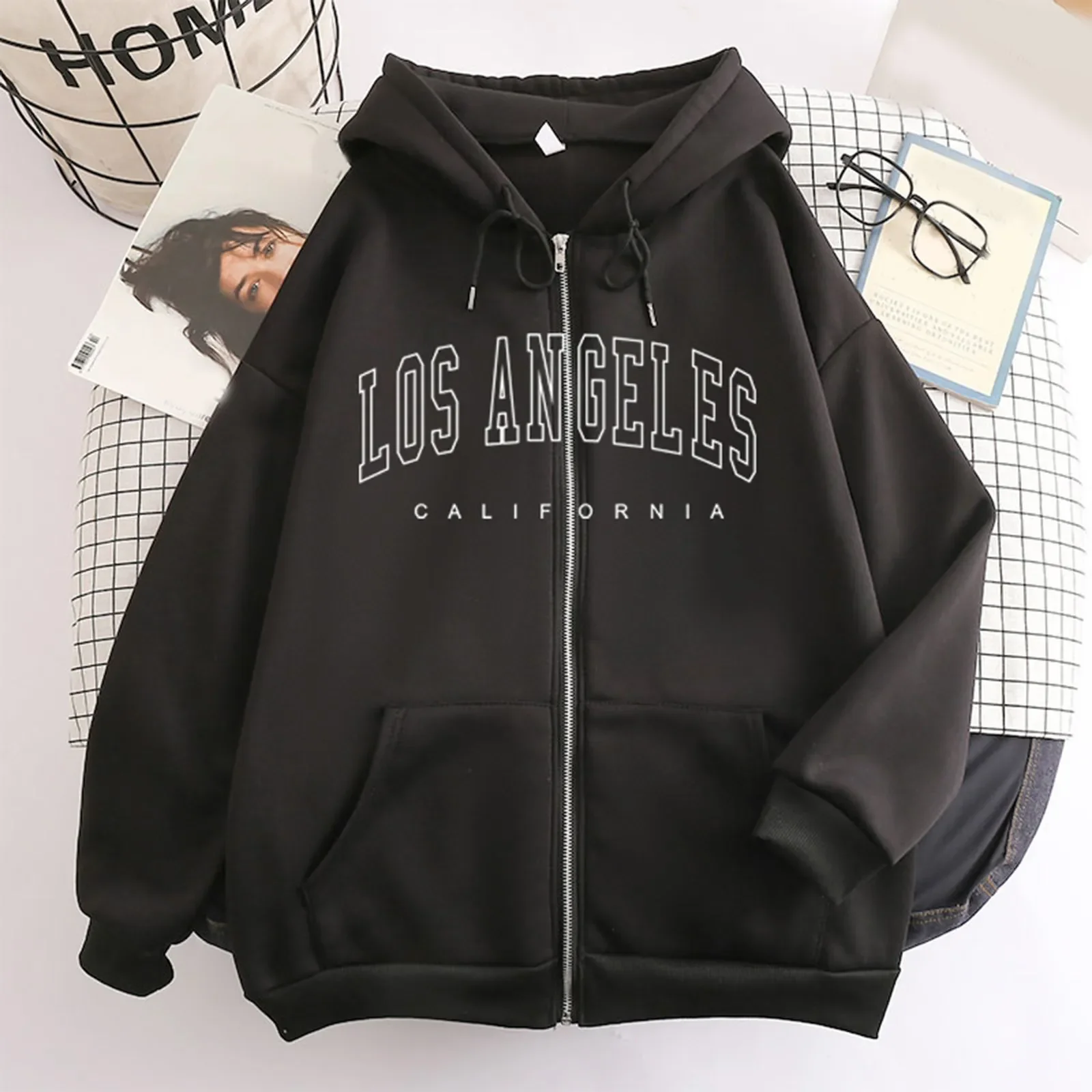 Women\'s Los Angeles Letter Print Zip-up Hoodies, Oversized Jacket, Casual Streetwear, Hooded Coats with Pockets, Harajuku, Femal