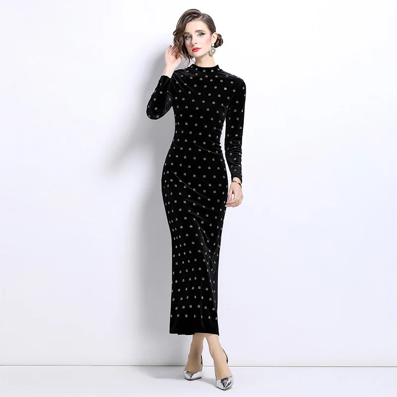 Autumn Winter New Women's Elegant Retro Rhinestone Velvet Long Sleeve Sexy Slim Dress Banquet Party Prom Ball Gowns Cheongsam