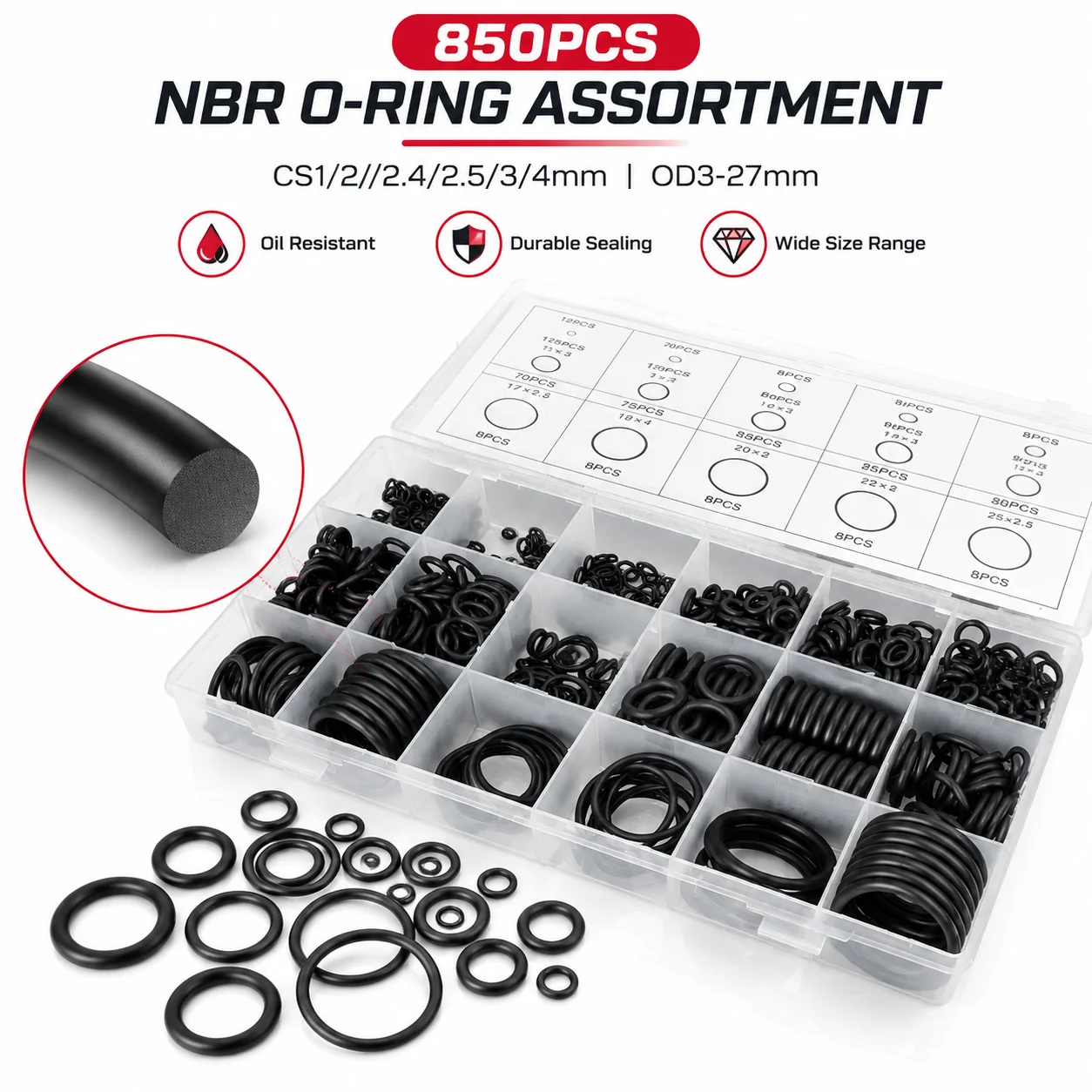 850 Pieces of NBR O-ring Combination Black Nitrile Rubber CS1-4mm Outer Diameter 3-27mm, Forklift Machine Leak Proof Rubber Ring