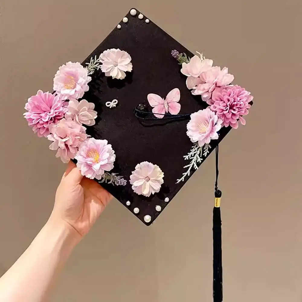 Durable Doctor Flowers Graduation Cap Master Adjustable Trencher Cap Bachelor Fringe Mortar Board Graduation Season
