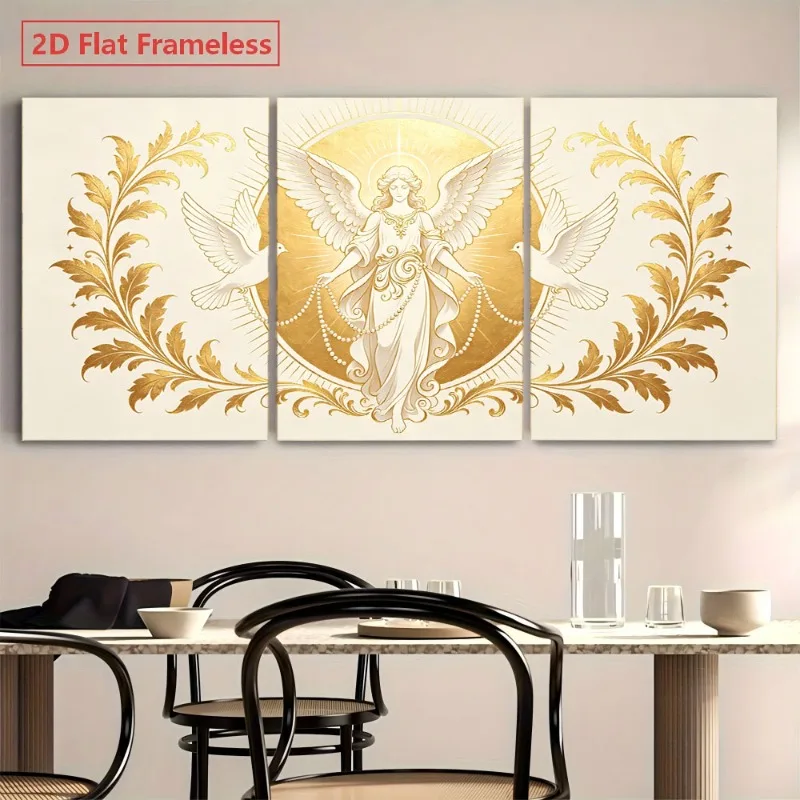 2D Flat, 2D Flat 3pcs 2D Flat Unframed Canvas Wall Art: Golden Angel with Doves And Laurel Leaves, Modern Decor for Living Ro