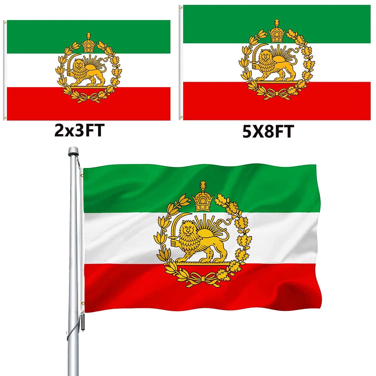 2X3FT 5X8FT Old Iran Iranian Flag Vibrant Color Double-Printed Constitutional Revolution Flag Iran Flag with Lion Sun Crown