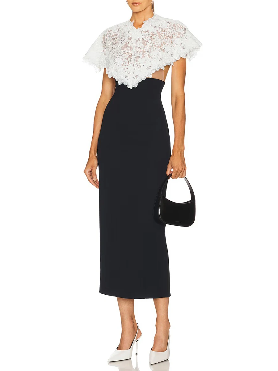 TWOTWINSTYLE Hit Color Slimming Spliced Lace Temperament Dresses for Women V Neck Sleeveless Tunic Elegant Dress Female Clothing