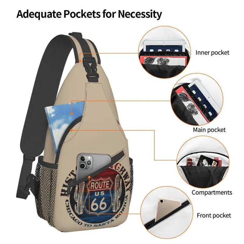 Mode Route 66 Amerika Straße Vintage Trip Sling Cross body Rucksack Männer Schulter Brusttasche für Camping Radfahren