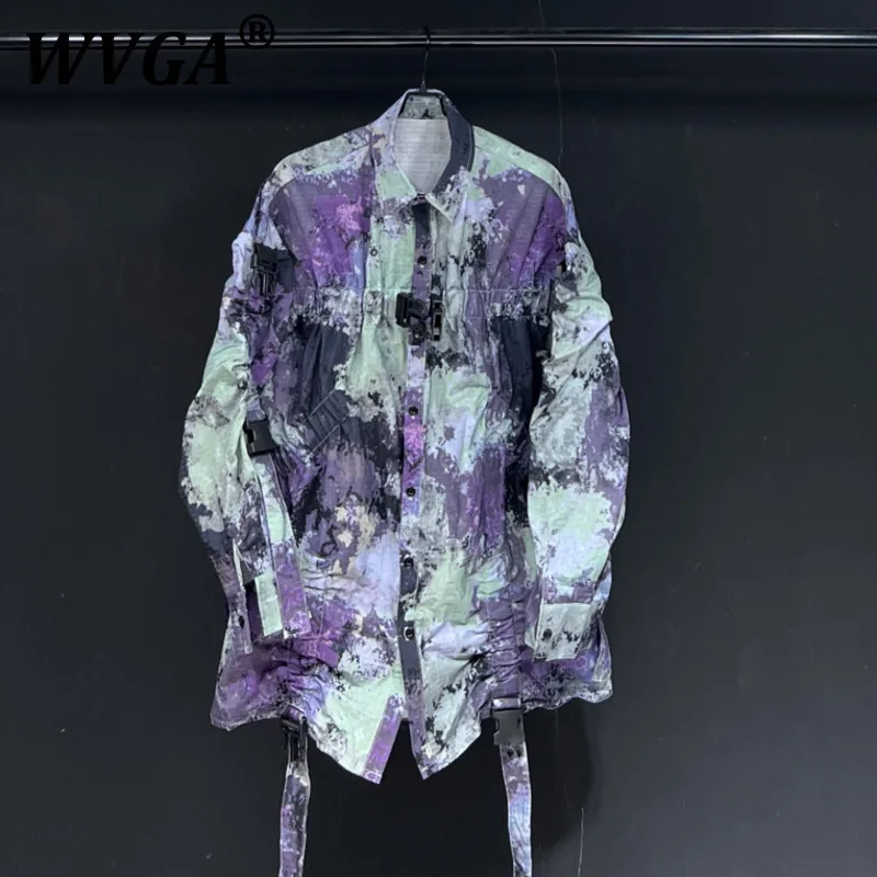 

WVGA Весна Осень Новый Мужской Прилив Tie-Dye Лента Пряжка Дизайн Модная Рубашка С Длинным Рукавом Нишевый Шикарный Повседневный Топ Oversize Ins W10710