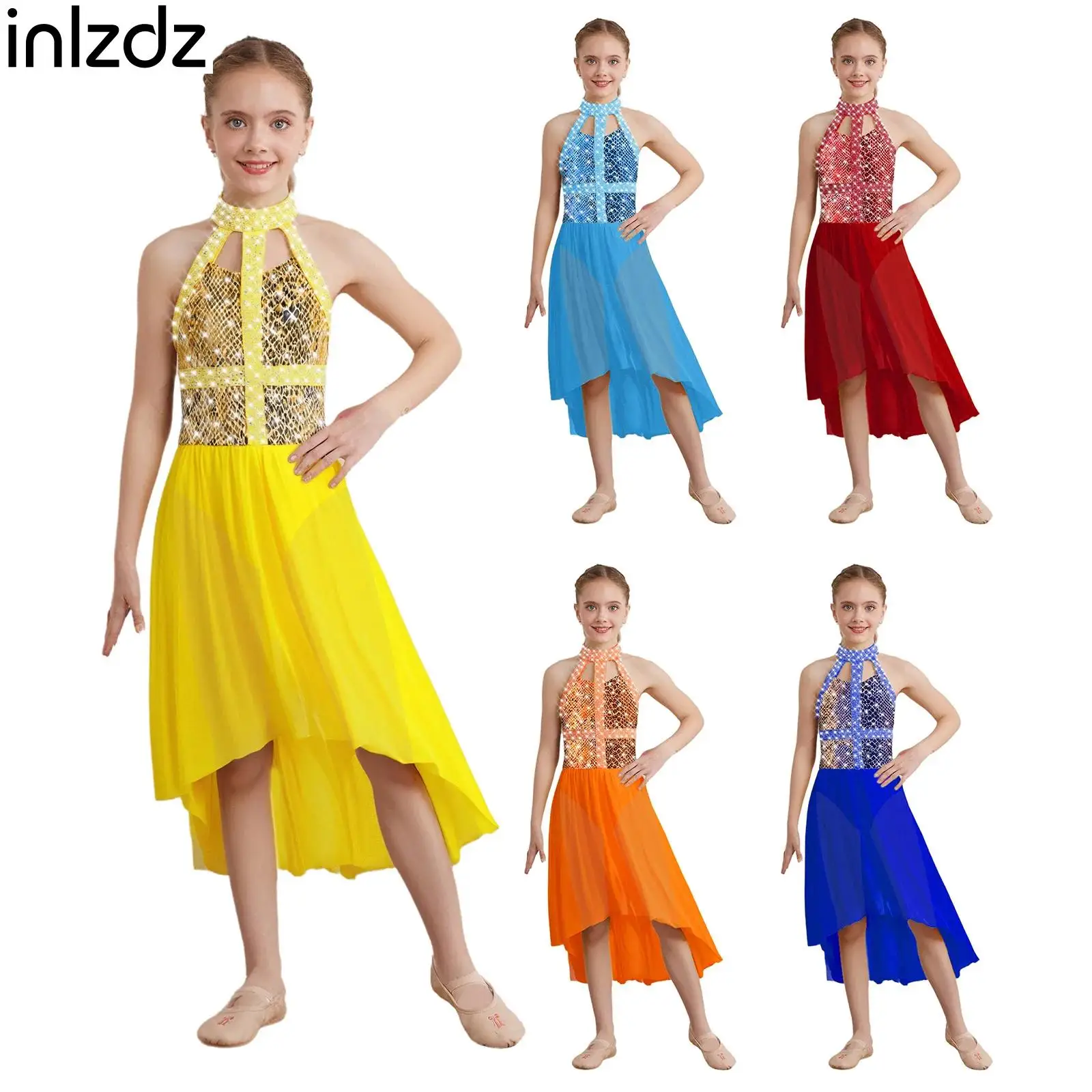 

Girls Lyrical Dance Dress Kids Contemporary Dancing Clothing Sleeveless Fashion Rhinestones Mesh Dress Figure Skating Dance Wear