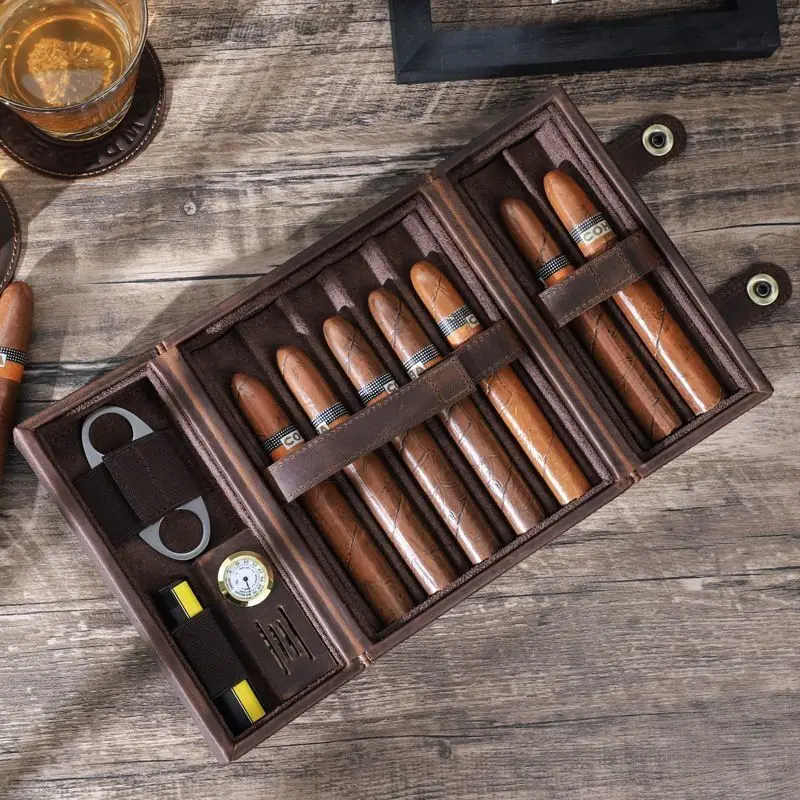 

Retro Wild Horse Cowhide 7-Pack Cigar Box, Multi-Functional Leather Cigar Box。