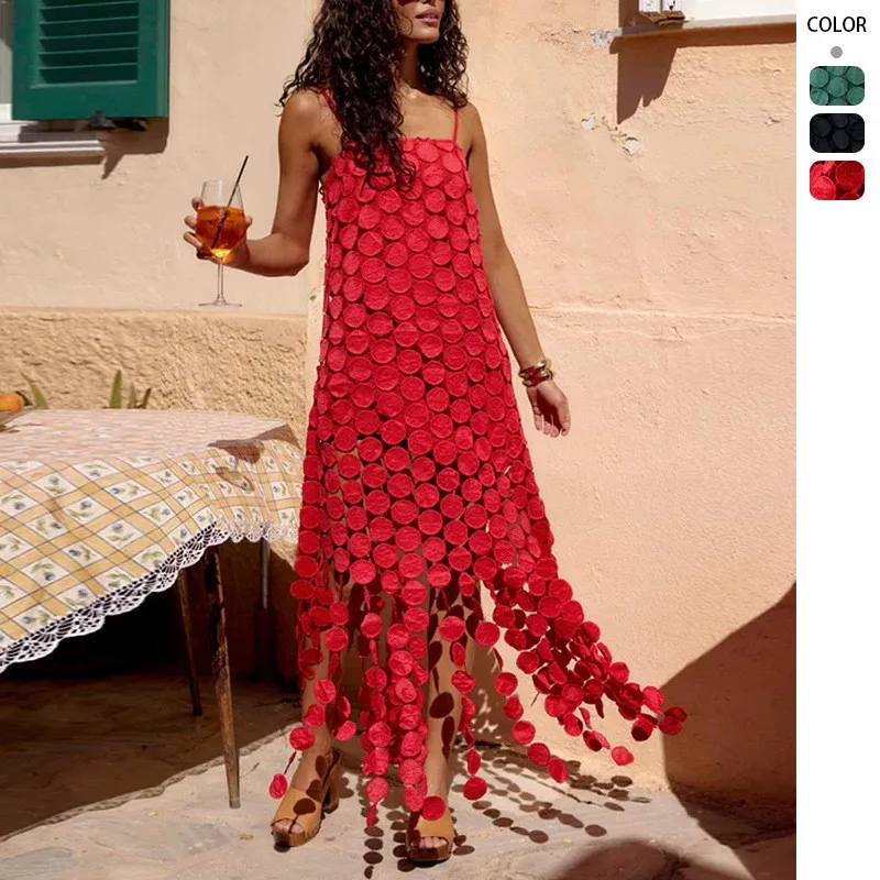 

Elegant Fashion Splicing Dresses 2026 Summer Hollow out Tassel Hem Dress Sleeveless Suspender Skirt Elegant Women's Clothing