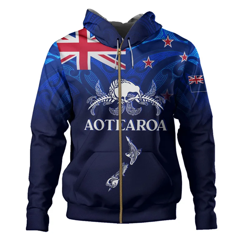 New Zealand Aotearoa Flag Emblem 3d Print Hoodies For Men Clothes Anzac Day Maori Zipper Hoodie Sweatshirts Street Zip-up Coat