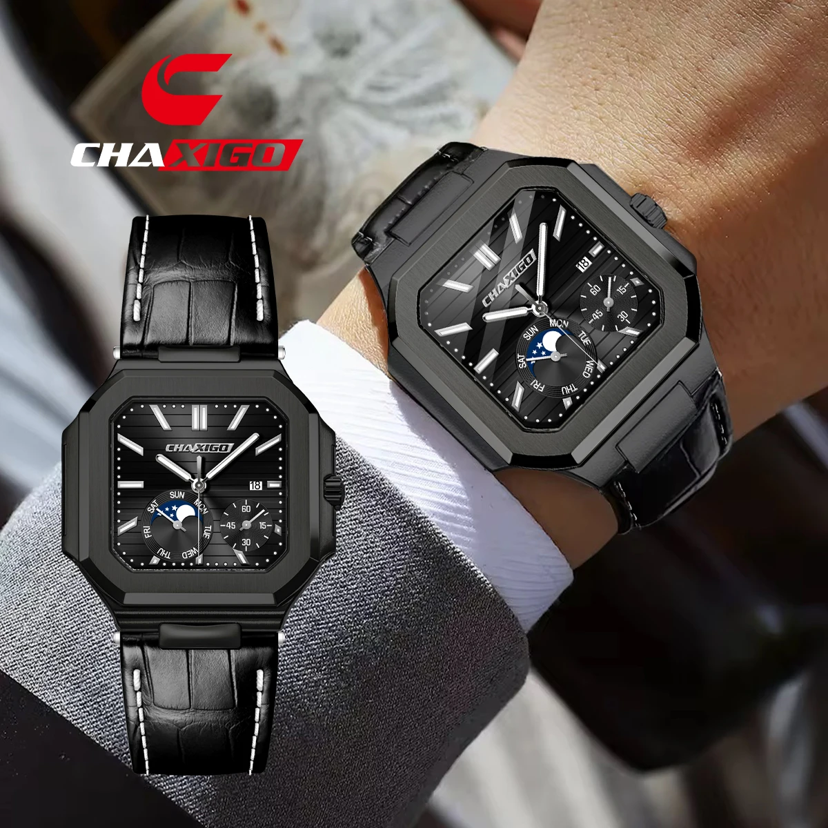 ساعة CHAXIGO للرجال فاخرة بمينا مربع وحزام جلدي 41.5 ملم 3ATM مقاومة للماء كوارتز للأعمال