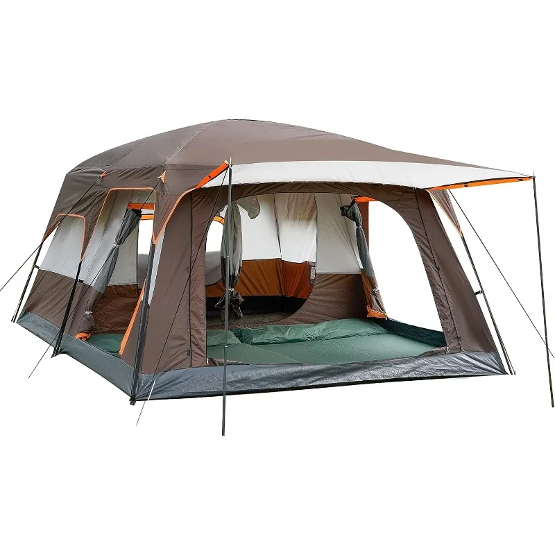 

Family cabin tent 2 rooms 3 doors 3 windows with net straight wall waterproof double layer outdoor large tent picnic camping