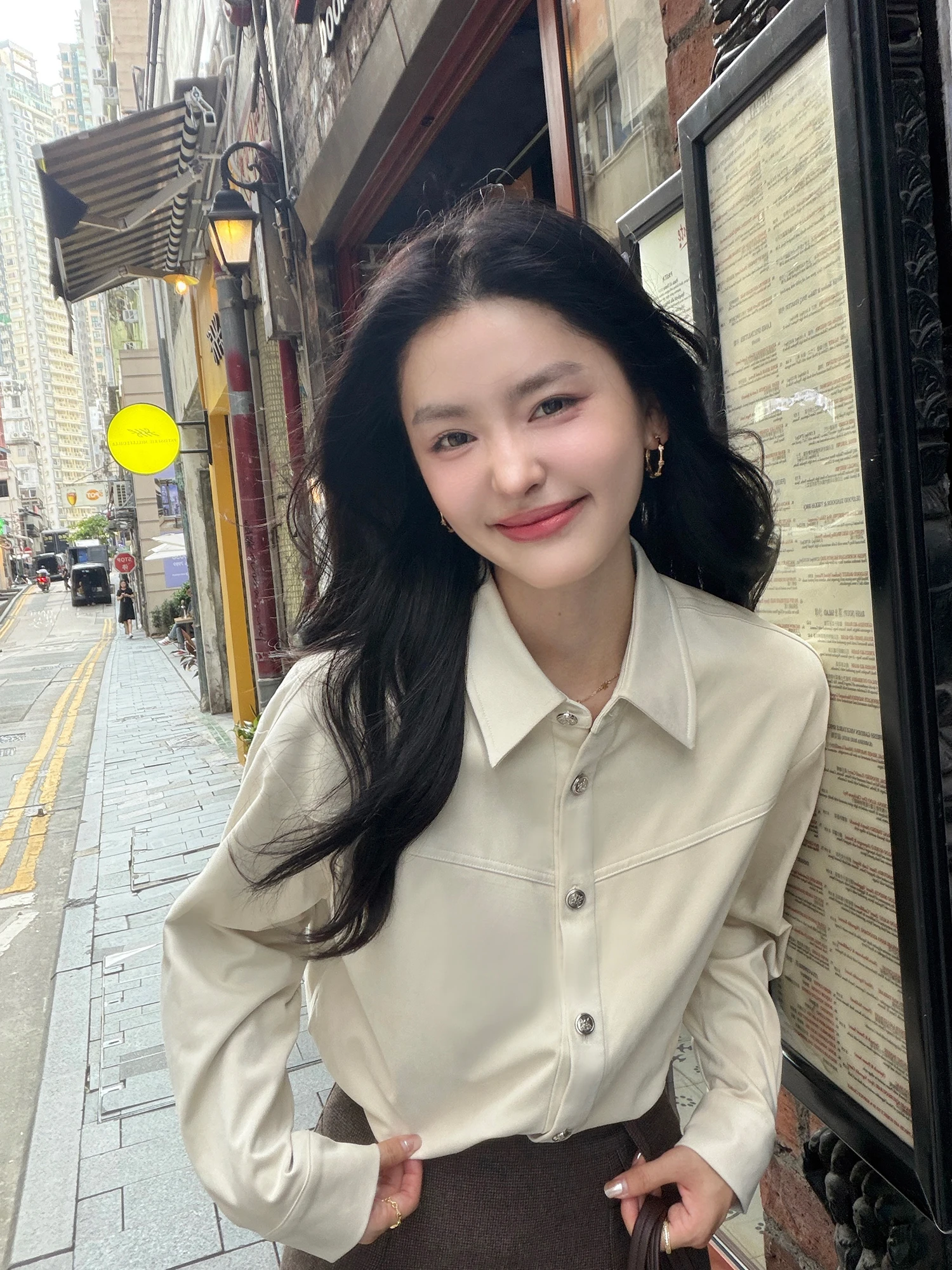 Pusumede Comfortable Vintage Suede Shirt Women Loose Flocking Soft Mist Commute Top Polyester Fiber Long Sleeve Flip Collar