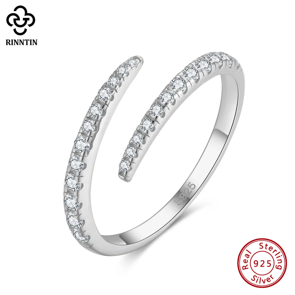 

Rinntin Genuine 925 Sterling Silver Fashion Open Finger Ring with Clear CZ for Women Wedding Ring Handmade Fine Jewelry SR319