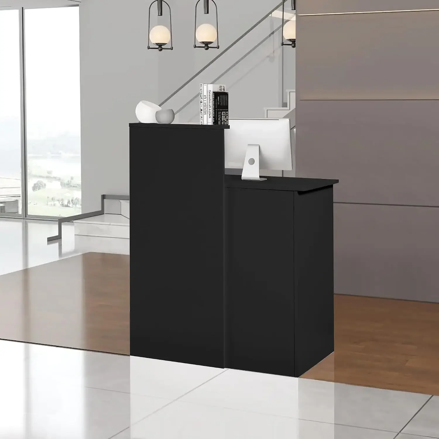 Reception Desk with Counter,Small Front Desk with Two Lockable Drawers,Cable Management Holes,Counter Table for Salon Lobby Offi