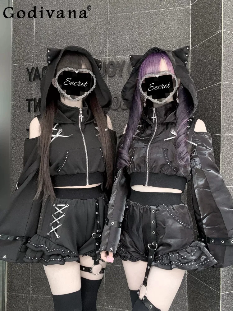 

Original Subculture Gothic Outfit Spring Autumn Japanese Sweet Cool Girl's Punk Hooded Long-sleeve Tops and Shorts 2-piece Set