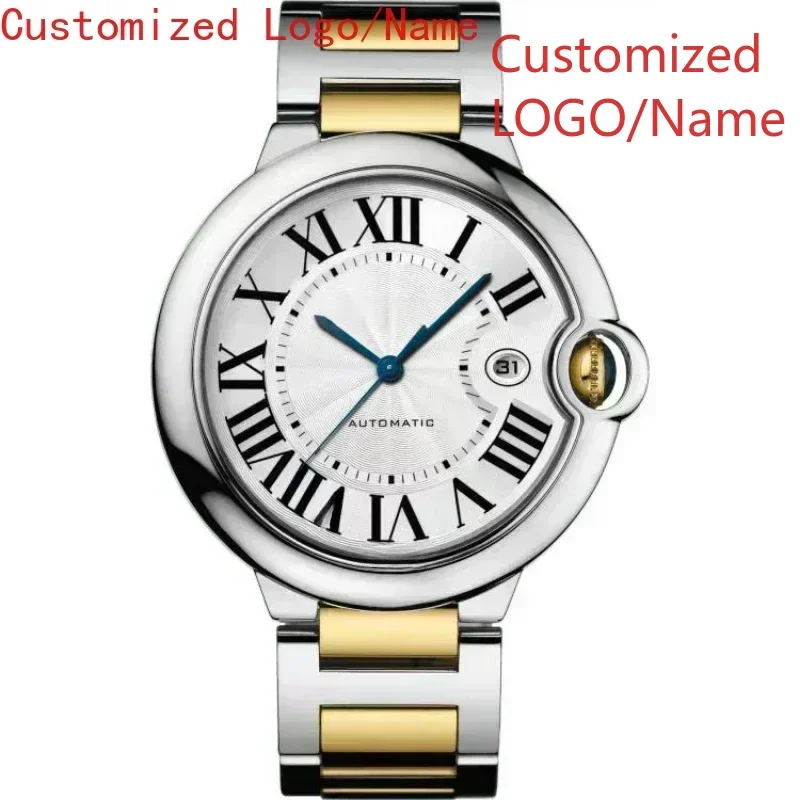 الرجال النساء الياقوت بالون سلسلة التلقائي حركة ميكانيكية ساعة الفولاذ المقاوم للصدأ حزام من الجلد الأسود الأزرق حسب الطلب #2