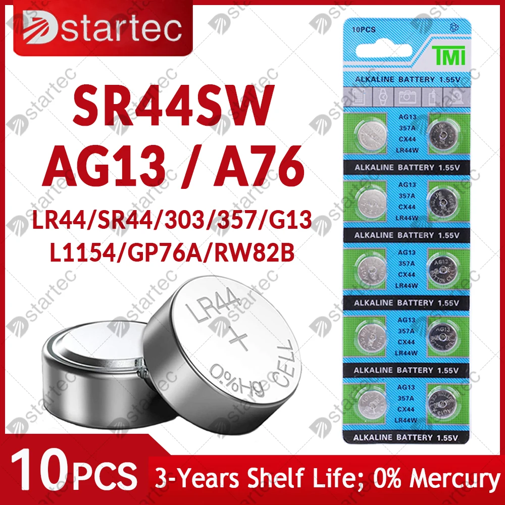 시계 완구용 버튼 배터리, 원격 L1154 SP76 pila SR44 LR1154 357 303 셀 코인 알카라인 배터리, AG13 LR44 A76 1.55V, 10 개