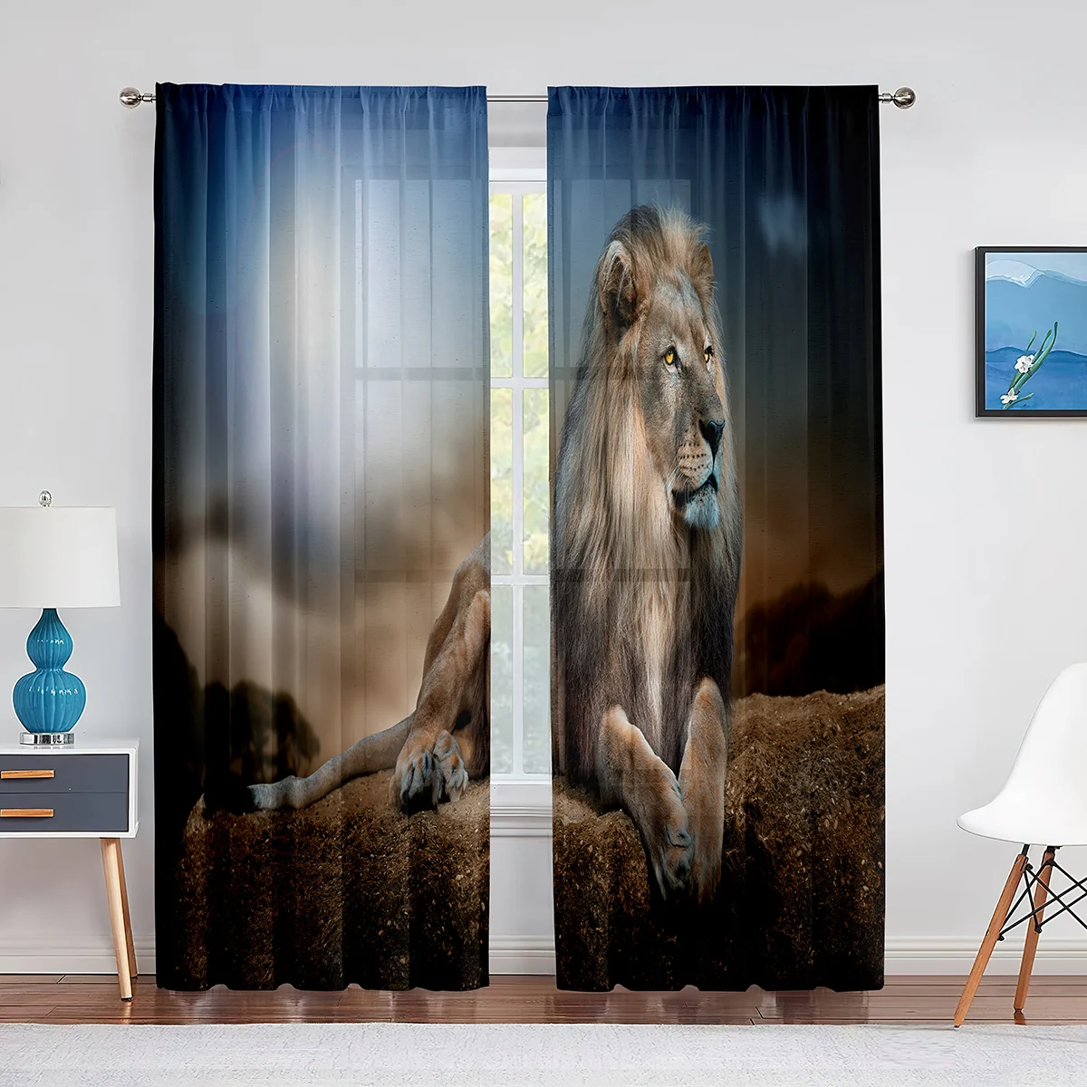 

Animal Themed Lion Lying on The Stone Pattern Sheer Curtain Drapes Home Decor Living Room Bedroom Chiffon Window Tulle Curtains