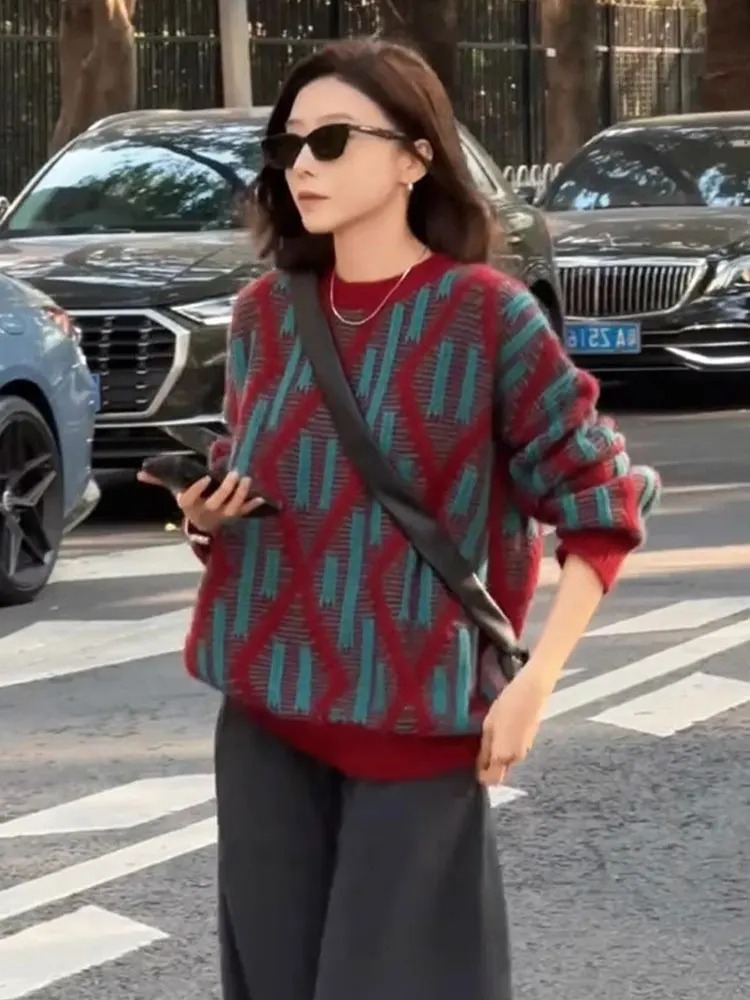 

Уникальный свитер Camere большого размера, модный красный ромбовидный узор, длинный свек, ленивый вязаный свитер, универсальная повседневная одежда