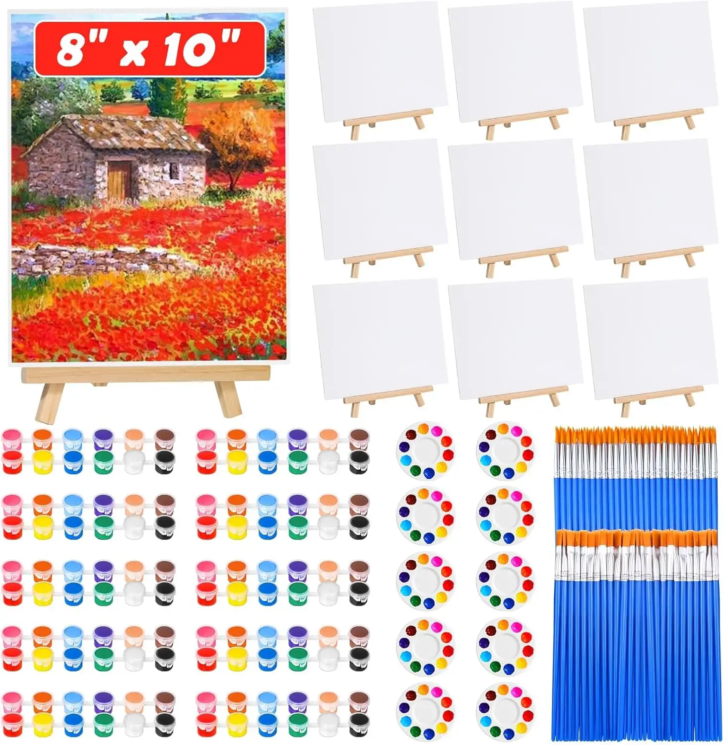 10Pack 8x10 Inch Canvas and Easel Set, Art Canvas Bulk with Easel Stands, 12 Colors Mini Acrylic Paint Set, Small Paint