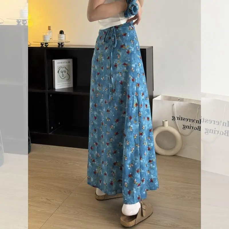 One piece blue floral A word  women's summer ootd wear skirt unique beautiful super good-looking skirt