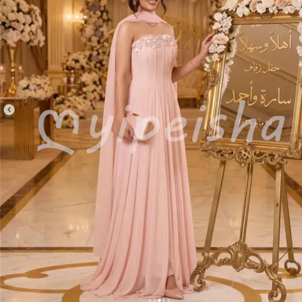 Pink Pastrol For Birthday Party Jersey Flower Sequined A-line Strapless Shawl Floor-Length Women's Evening Dresses Customized