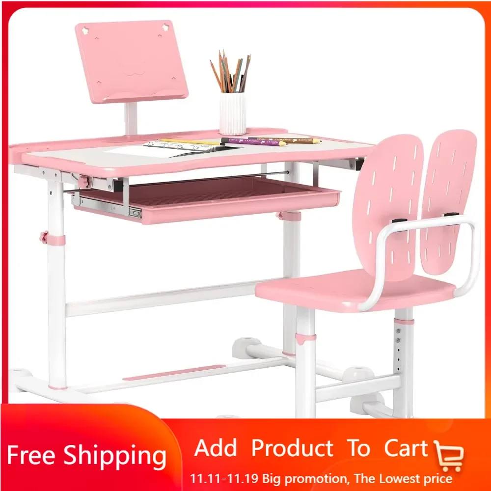 

Kids Desk and Chair Set, Height Adjustable Kids School Study Desk and Chair Set with Tilt Desktop, Storage