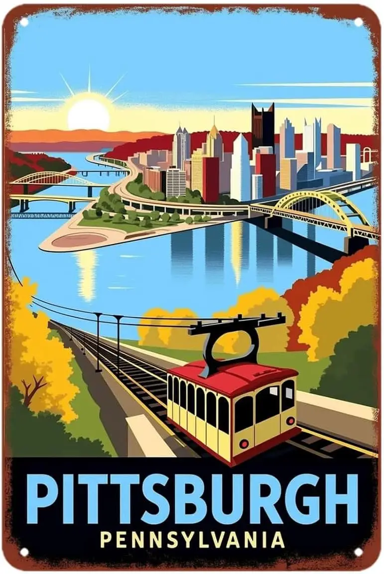 Pittsburgh Pennsylvania Vintage Skyline Travel Poster Art tin Sign ( IN)--Tin Sign