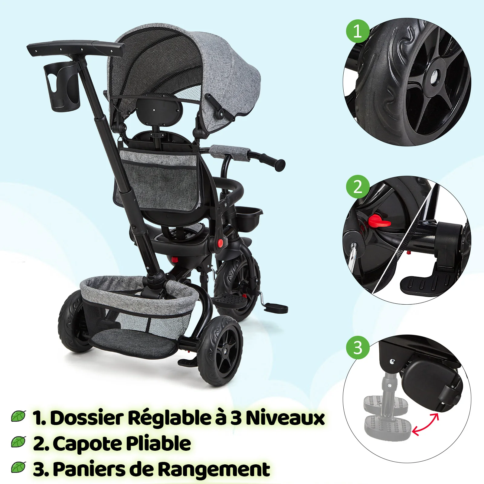 6in1 Children's Tricycle with Push Bar, for 1 to 5 Years with Reversible Seat, Fold-Out Hood with Sun Protection, Foldable Pram