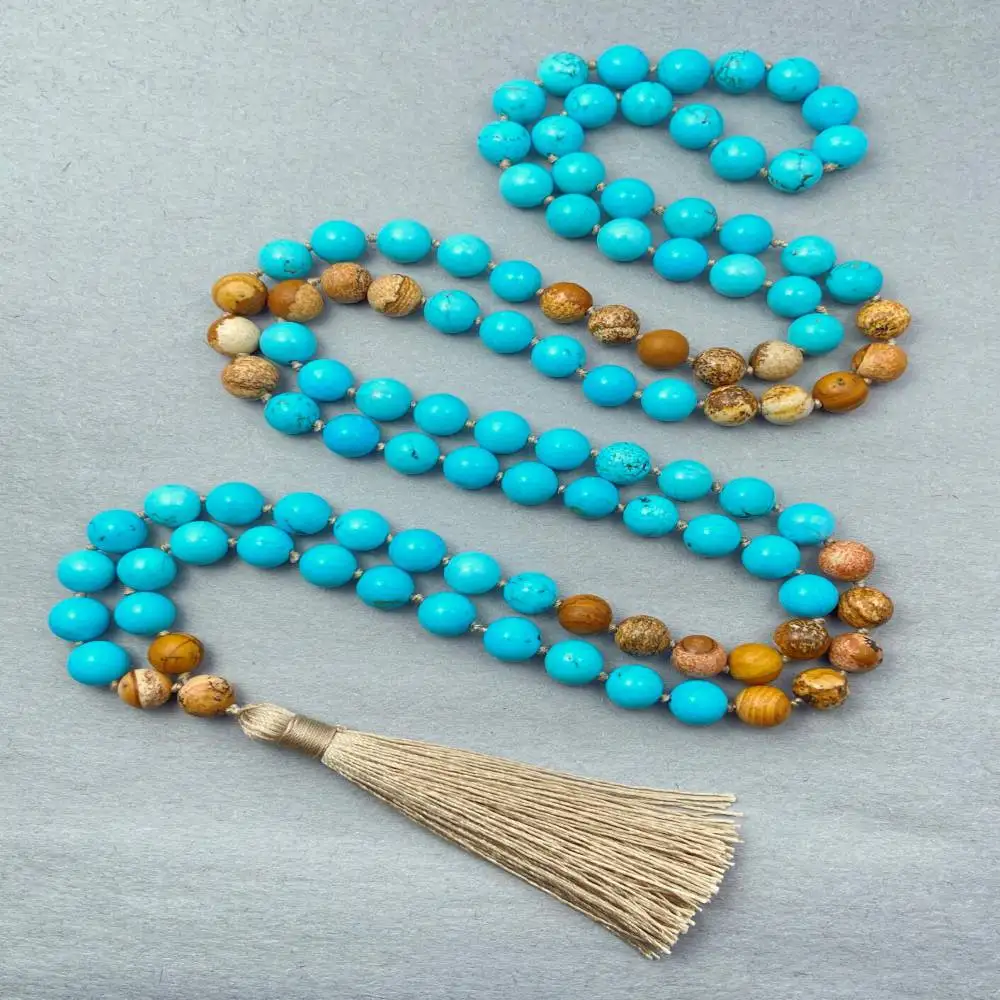 

Natural Turquoise 108 Beads Mala Necklace with Wood Accent & Beige Tassel Spiritual Meditation Jewelry
