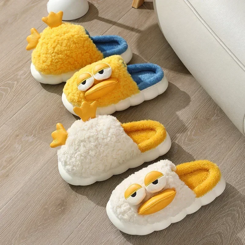 Winter Plush Duck Slippers Women Men Funny Warm Couple Shoes Soft Household Cartoon Indoor Antiskid 4cm Thick Sole Slippers