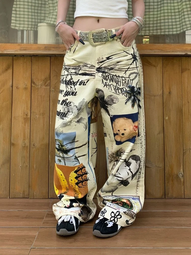 Graffiti American Vintage Streetwear Jeans Women Print Denim Casual Loose Wid Leg Pants Slim Straight High Street Pantlon