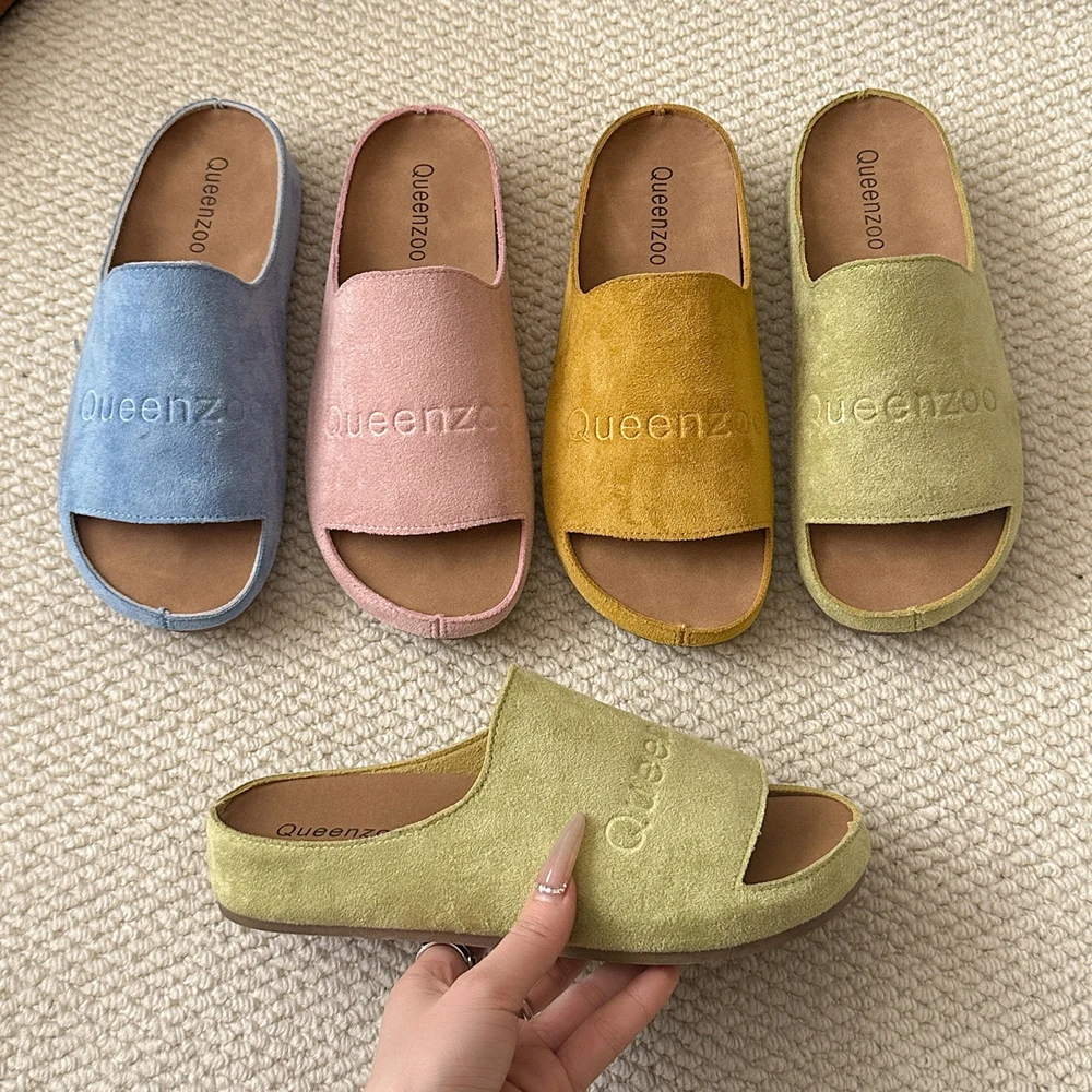 

Новые женские тапочки с закрытым носком, замшевые сабо с круглым носком, сандалии, осенние новые однотонные женские туфли на плоской подошве в стиле ретро с открытой пяткой